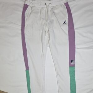 Kangol White and Purple Joggers with Green Accents Dirt At Bottom